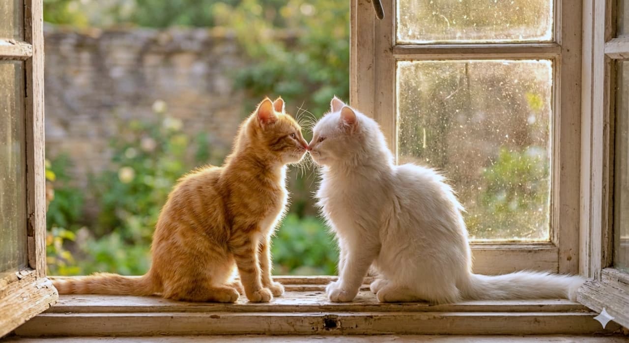 An ultra-realistic photo of two young cats—a ginger tabby and a fluffy white kitten—gently touching noses while sitting on a wooden windowsill. Warm morning sunlight bathes the scene, with dust particles softly dancing in the light beams. The shallow depth of field and soft background focus highlight the tender moment. 木製の窓辺に並んで座り、鼻先を優しく寄せ合う茶トラと白長毛の子猫を写した超リアルな写真。柔らかな朝の陽光が差し込み、光の筋には舞う埃が浮かび上がる。背景は浅い被写界深度でふんわりとぼけ、猫たちの繊細なふれあいが際立つ一枚