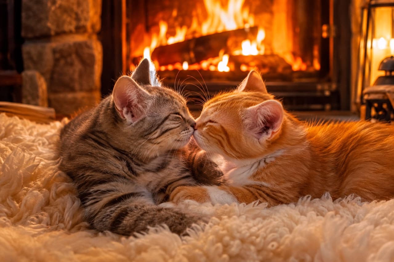 「パチパチ暖炉の前で仲良く鼻ツン挨拶🐾 ぽかぽか温もりあふれるふたりの寝姿に、心まであたたまりますね🔥✨」Ultra-realistic high-quality photograph of two cozy young kittens—a brown tabby and a ginger-and-white tabby—lying on a fluffy white sheepskin rug and gently touching noses in front of a crackling fireplace, with warm flickering firelight softly illuminating their detailed fur textures in an intimate ambiance. パチパチと薪が燃える暖炉の前で、ふかふかの白いシープスキンラグに寝そべったキジトラ子猫(左)と茶白子猫(右)が目を細めて優しく鼻先を合わせている。暖炉の炎が放つオレンジ色の光が2匹の繊細な被毛の毛並みを温かく照らし、安らぎと親密さに満ちたコージーな冬の夜を鮮明に捉えた高解像度写真