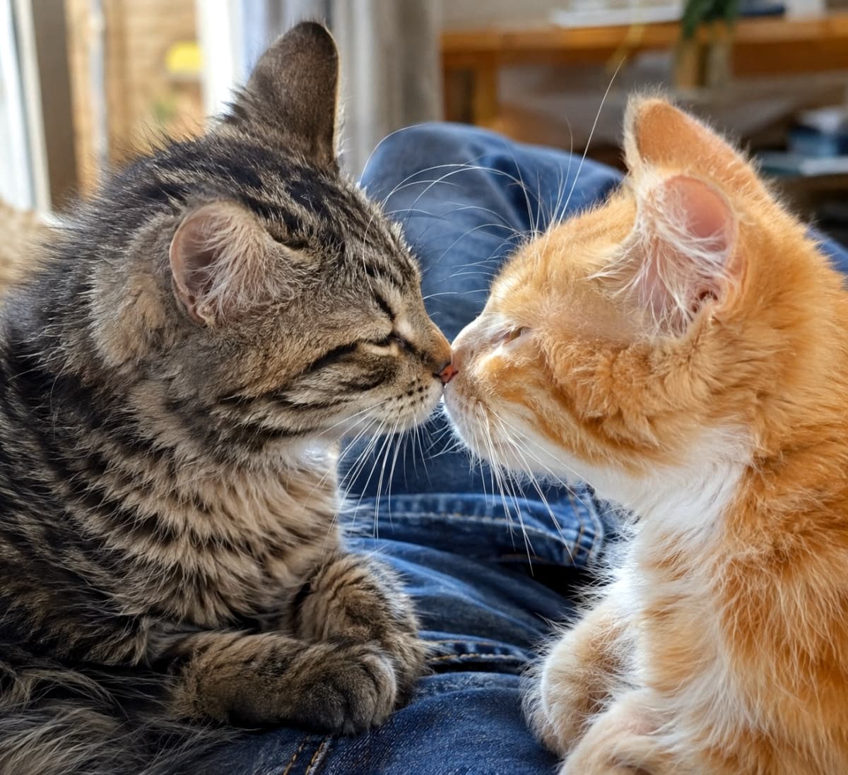 「おひざの上で休戦協定成立🐾 鼻ツン挨拶で心を通わせるふたりに、ほっこり癒やされますね👖✨」Ultra-realistic high-quality photograph of two young mixed-breed cats—a fluffy brown tabby and a ginger-and-white tabby with warm amber eyes—peacefully touching noses on their owner's lap wearing blue jeans, captured in soft indoor daylight that highlights their delicate whiskers and fur textures. ブルージーンズを履いた飼い主の膝の上で、ふんわりとした毛並みのキジトラ猫(左)と琥珀色の瞳を細めた茶白猫(右、共にミックス)が向かい合い、穏やかに鼻先を合わせている。窓からの柔らかな自然光が繊細なヒゲや細やかな被毛の質感を優しく照らし、落ち着いた室内の安らぎと親密な時間を鮮明に捉えた高解像度写真