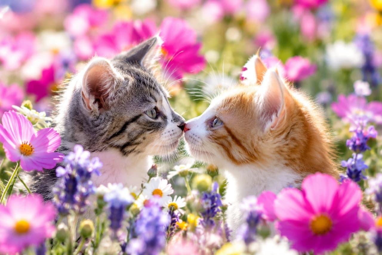 「お花畑で内緒話かな?🌸 ぽかぽか太陽の下での仲良しなご挨拶に、見ているだけで笑顔になっちゃいますね🐾✨」Ultra-realistic high-quality photograph of two young kittens—a ginger tabby and a calico—peeking out from a vibrant field of cosmos and lavender wildflowers. They are gently touching noses under bright sunlight, with their detailed fur and bright eyes beautifully framed by the soft floral bokeh background. 明るい太陽の光が降り注ぐ中、ピンクのコスモスや紫のラベンダーが咲き乱れる色鮮やかな野花畑から顔を出した2匹の子猫(茶トラと三毛猫)が、穏やかに鼻先を触れ合わせている。美しい前ボケ・後ろボケの草花を背景に、キラキラと輝く瞳や柔らかな被毛のディテールが鮮明に描写された高解像度写真