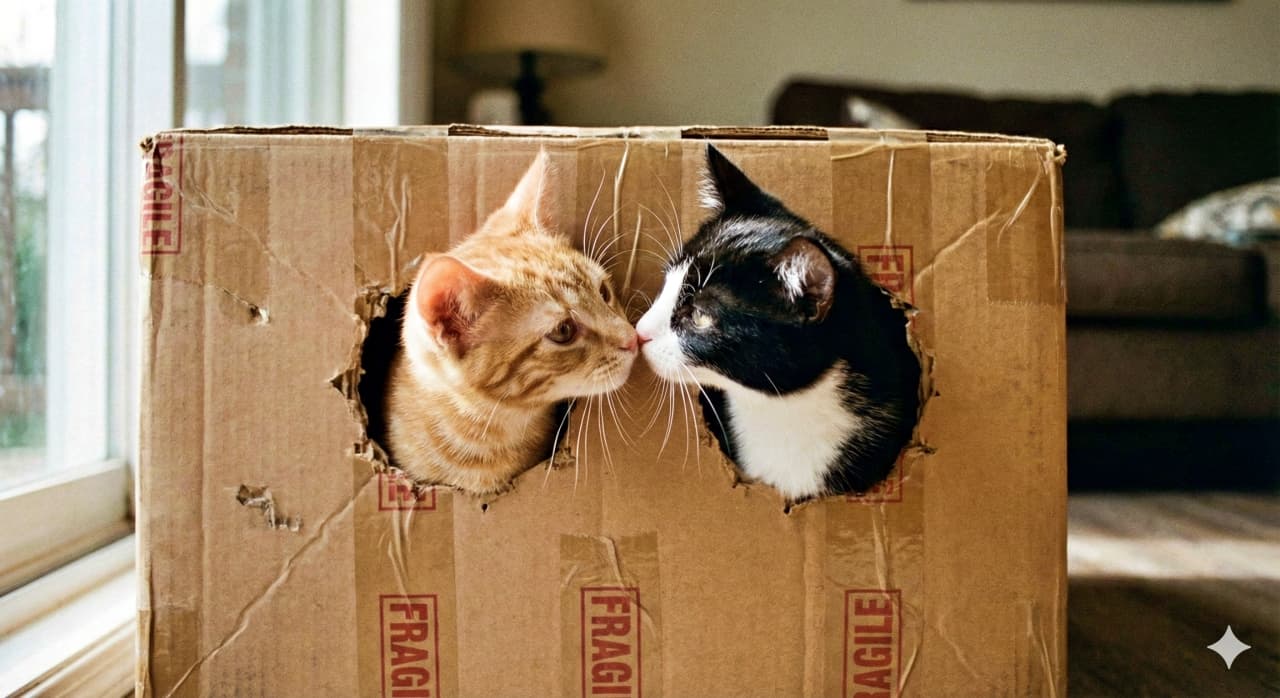 An ultra-realistic photo of two young cats—a ginger tabby and a black-and-white kitten—poking their heads out from separate holes in a large cardboard box. Their noses meet in the center, creating a playful and charming moment. Natural indoor lighting enhances the cozy atmosphere, with soft shadows and warm tones. 大きな段ボール箱の別々の穴から顔を出し、鼻先を寄せ合う茶トラと黒白の子猫を写した超リアルな写真。自然光が室内に差し込み、柔らかな影と温かみのある色調が、遊び心と愛らしさに満ちた空気感を引き立てている