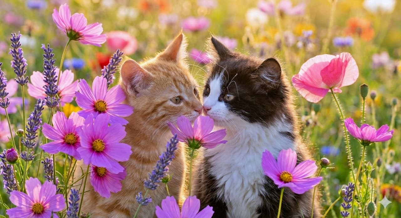 「「お花にかくれて…チュッ♡」—陽だまりの中で見つけた、ふたりだけの秘密の時間!」Ultra-realistic photo of two young cats—an orange tabby and a black-and-white kitten—touching noses in a vibrant field of cosmos and lavender. Bright sunlight and soft bokeh of wildflowers create a dreamy, peaceful atmosphere. オレンジのトラ猫と黒白の子猫が、コスモスやラベンダー咲く花畑で鼻を寄せ合う超リアルな写真。明るい日差しと花々の美しいボケが、夢のような穏やかな空気を演出