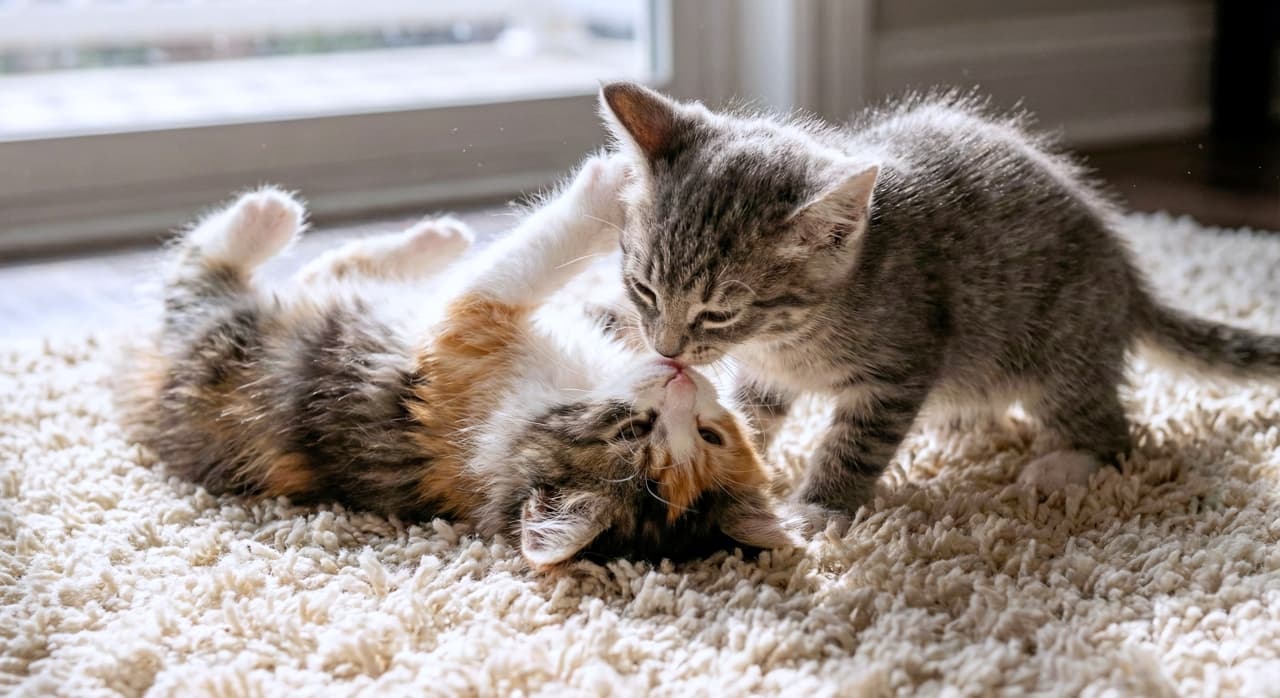 A masterpiece-level close-up of a calico kitten lying on its back, nose-to-nose with its gray tabby sibling. The soft rug and warm light frame their gentle interaction, capturing a quiet moment of affection in ultra-realistic detail. 三毛猫が仰向けになり、キジトラの兄妹と鼻を寄せ合う超リアルな傑作接写。ふわふわのラグとあたたかな光が、静かな愛情の瞬間をやさしく包み込む