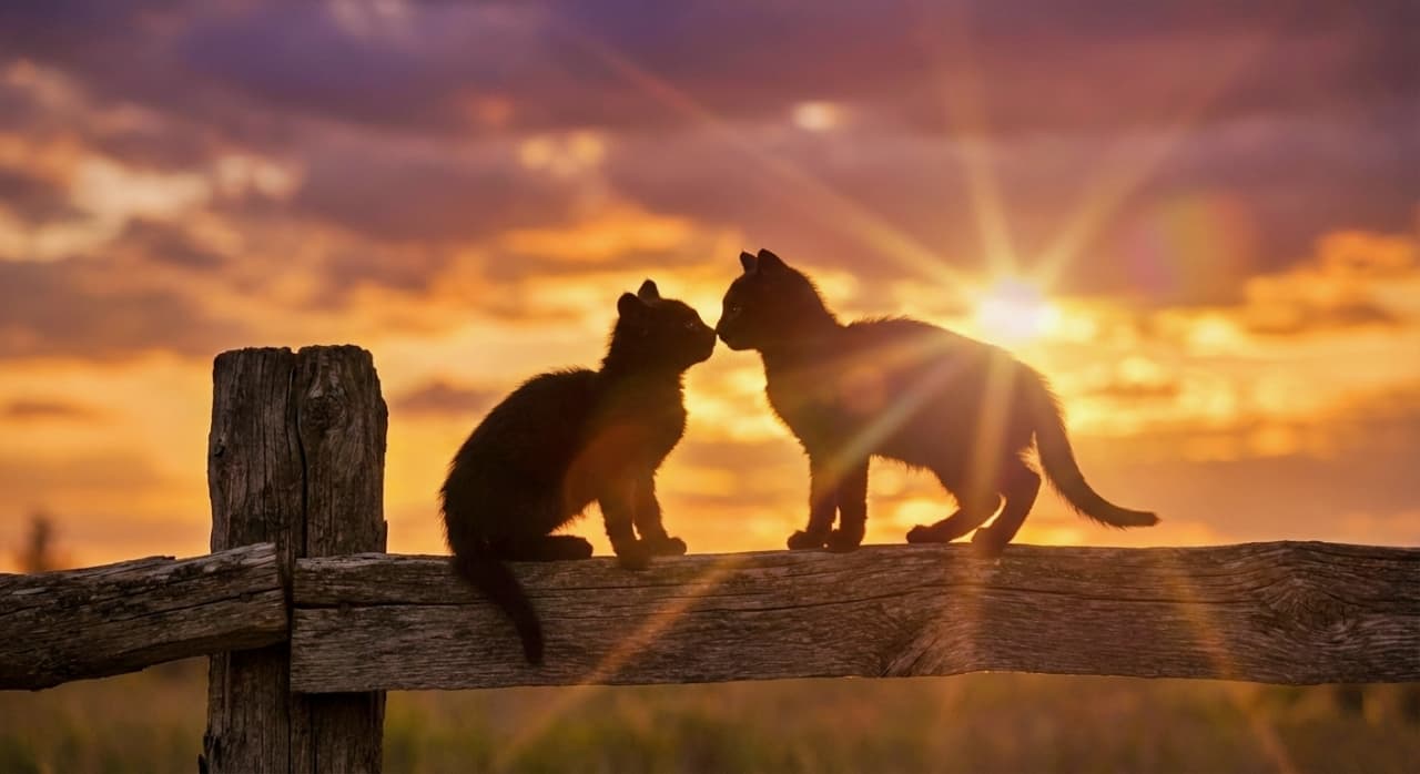 An ultra-realistic silhouette photo of two young black kittens touching noses atop a rustic wooden fence. The background features a dramatic sunset with vivid orange and purple hues, casting warm cinematic tones and a soft lens flare. The radiant light behind the kittens enhances the emotional depth of their gentle greeting. 素朴な木製フェンスの上で鼻を寄せ合う黒い子猫2匹のシルエットを写した超リアルな写真。背景にはオレンジと紫が混ざり合う劇的な夕焼け空が広がり、温かみのある映画的な色調と柔らかなレンズフレアが差し込む。光に包まれた子猫たちの優しいふれあいが、情感豊かに描かれている