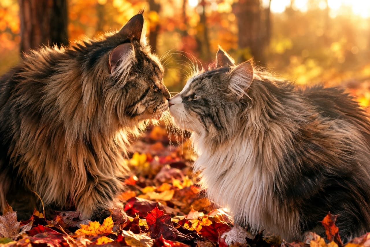 「秋色の森で見つけた最高の瞬間🍁 黄金の夕日とふわふわなふたりの鼻ツン挨拶に、心までぽかぽか温まりますね🐾✨」Ultra-realistic high-quality photograph of two magnificent long-haired cats—a brown tabby Maine Coon and a Norwegian Forest Cat with a white ruff—gently touching noses on a colorful carpet of autumn leaves. Warm golden hour light creates radiant rim lighting along their lush fur, highlighting their amber eyes against a glowing forest background. 色鮮やかな落ち葉の絨毯の上で、豊かな被毛と耳の飾り毛が特徴的なブラウンタビーのメインクーン(左)と、白い胸毛が美しいノルウェージャンフォレストキャット(右)が向かい合い、穏やかに鼻先を触れ合わせている。ゴールデンアワーの温かな夕日が2匹の毛並みを黄金色に縁取り、琥珀色の瞳と秋の森の深みを鮮明に描き出す高解像度写真