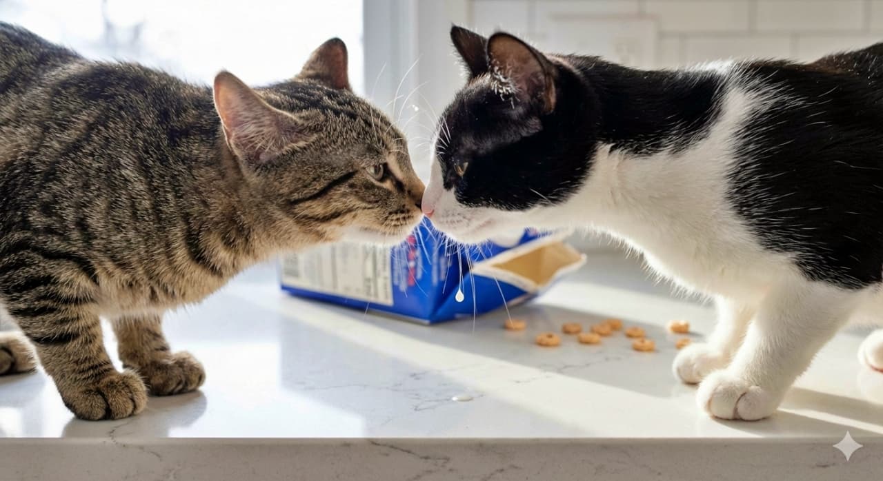 Ultra-realistic photo of two mischievous young cats—a tabby and a black-and-white—touching noses on a clean kitchen counter. A single drop of milk clings to the whisker of one cat. Bright, clean lighting enhances the sense of shared secrecy in this playful domestic moment. いたずら好きな若い2匹の猫(キジトラと黒白)が清潔なキッチンカウンターの上で鼻を寄せ合う超リアルな一枚。1匹の猫のひげにはミルクのしずくが一粒。明るく清潔な光が、2匹だけの秘密めいた空気感を際立たせている