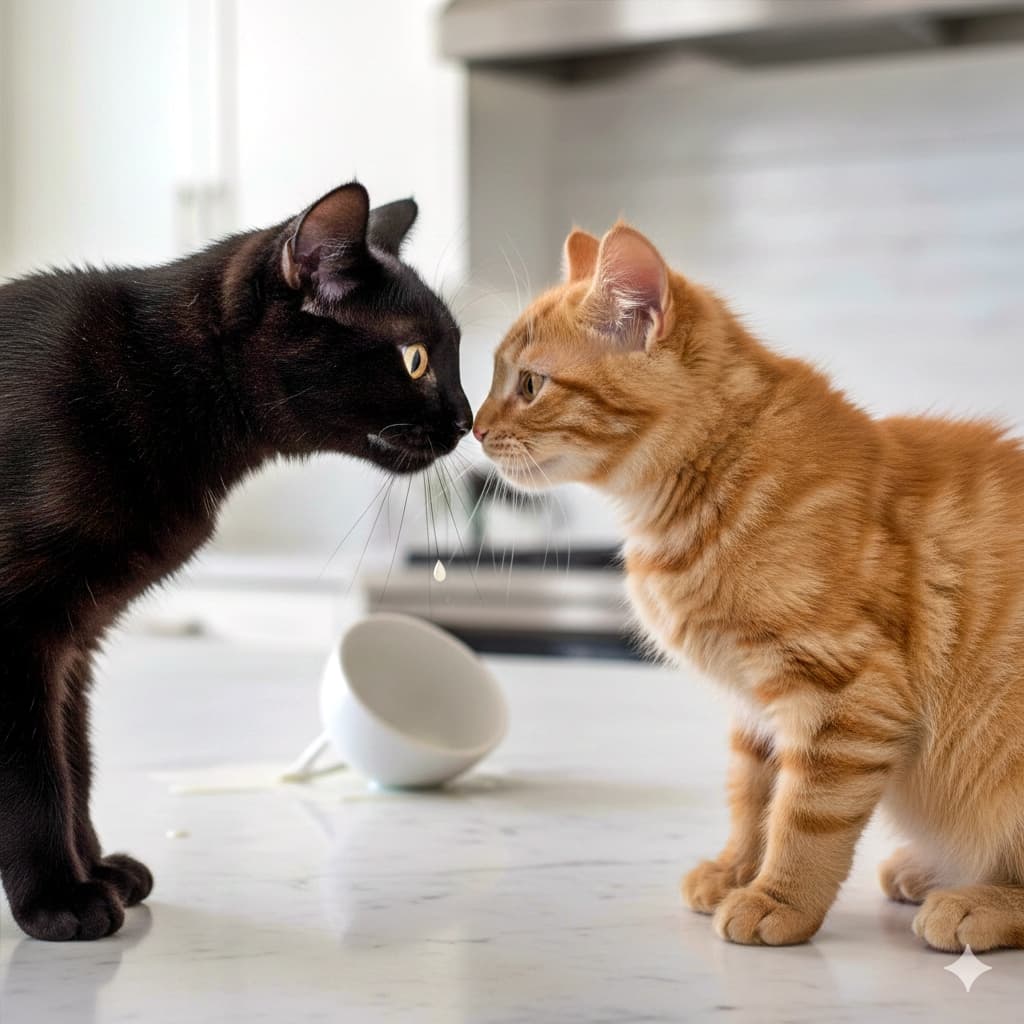 Ultra-realistic photo of two mischievous young cats touching noses on a clean kitchen counter. One has a drop of milk on its whisker. Bright lighting and a sense of shared secrecy. 清潔なキッチンカウンターで鼻を寄せ合う、いたずら好きな若い猫2匹の超リアルな写真。片方の猫のひげにミルクのしずくがついている。明るく清潔な光と、秘密を共有するような雰囲気