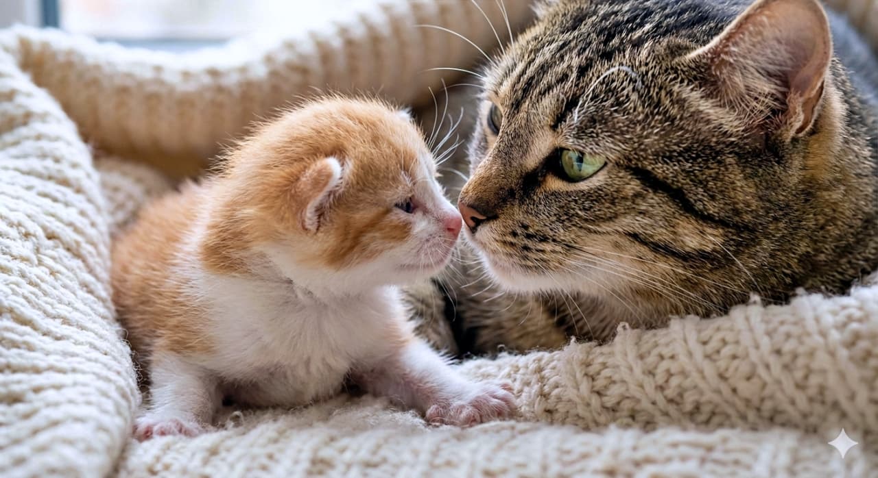 「「ママの鼻にタッチ♡」—ふわふわ毛布の上で交わす、はじめての愛のごあいさつ!」Ultra-realistic photo of a young mother tabby cat gently touching noses with her tiny orange-and-white kitten, nestled together on a soft cream-colored knitted blanket. Macro details of their fur and whiskers highlight a tender, heartwarming moment. 柔らかなクリーム色のニット毛布の上で、若いトラ猫のお母さんがオレンジ白の子猫と鼻をそっと寄せ合う超リアルな写真。毛並みとヒゲのマクロ描写が、愛情あふれる感動の瞬間を際立たせる