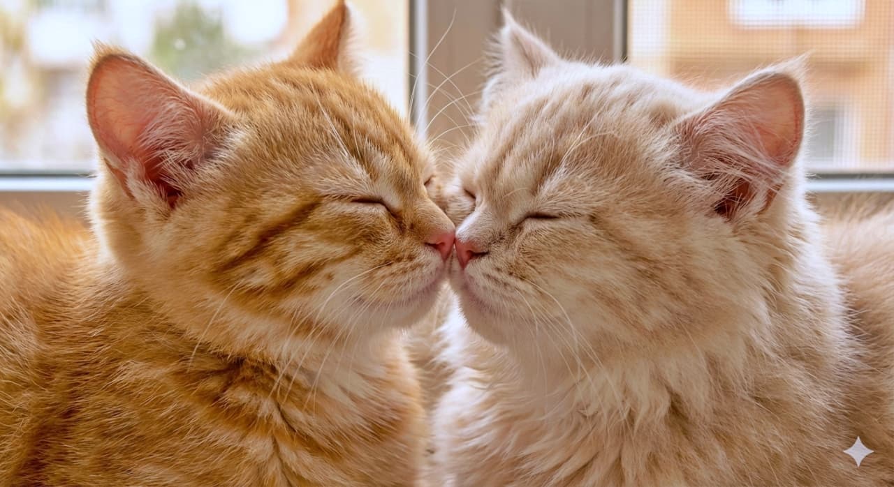 「「これが兄妹の“鼻チュッ”♡」—ふたりだけのやさしい魔法、そっと画面の真ん中に」Photorealistic image of a ginger tabby kitten and a calm cream-colored Persian kitten, depicted as siblings, gently pressing their noses together in a perfect nose-to-nose “boop” kiss. Their eyes are closed, expressions relaxed, bathed in soft warm light. 兄妹のように寄り添う茶トラの子猫とクリーム色のペルシャ子猫が、鼻をぴったり合わせて“鼻チュッ”する超リアルな写真。目を閉じた穏やかな表情と柔らかな光が、親密で愛らしい空気を包み込む