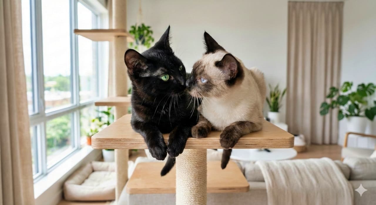 Ultra-realistic photo of two young cats—a sleek black cat with green eyes and a Siamese with blue eyes—sharing a gentle nose kiss atop a modern cat tree. Their whiskers and eyes are in sharp focus, bathed in soft natural light from large windows in a bright, airy living room. 黒猫とシャム猫の若い2匹が、モダンなキャットタワーの最上段で鼻を寄せ合う超リアルな一枚。ひげと瞳が鮮明に映し出され、大きな窓から差し込む自然光が、明るく開放的なリビングを優しく包み込む