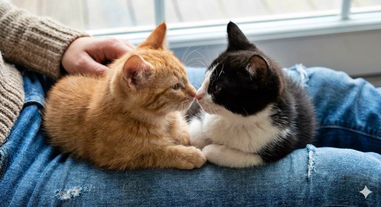 「「ケンカはお休み♡今日は仲良しデー!」—膝の上でそっと鼻を寄せる、奇跡のツーショット!」Two ultra-realistic young cats—an orange tabby and a black-and-white kitten—touch noses peacefully on their owner's lap, framed by soft indoor light and visible denim jeans. A rare moment of truce and affection. オレンジのトラ猫と黒白の子猫が、飼い主の膝の上で鼻を寄せ合う超リアルな一瞬。デニムのジーンズと柔らかな室内光に包まれた、ライバル同士の小さな休戦と愛情の時間