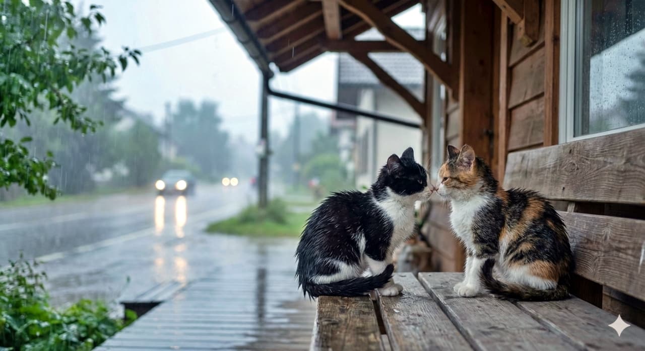 Ultra-realistic photo of two young cats with slightly damp fur—a black-and-white cat and a calico—touching noses tenderly under the eaves of a house during gentle rain. The moody lighting and soft reflections on the blurred wet street in the background evoke a quiet, intimate atmosphere. 雨に濡れた黒白猫と乾いた三毛猫が、家の軒下で鼻を寄せ合う超リアルな一枚。背景には雨に濡れたぼんやりとした道路と柔らかな反射が広がり、静かで情緒的な雰囲気を醸し出している