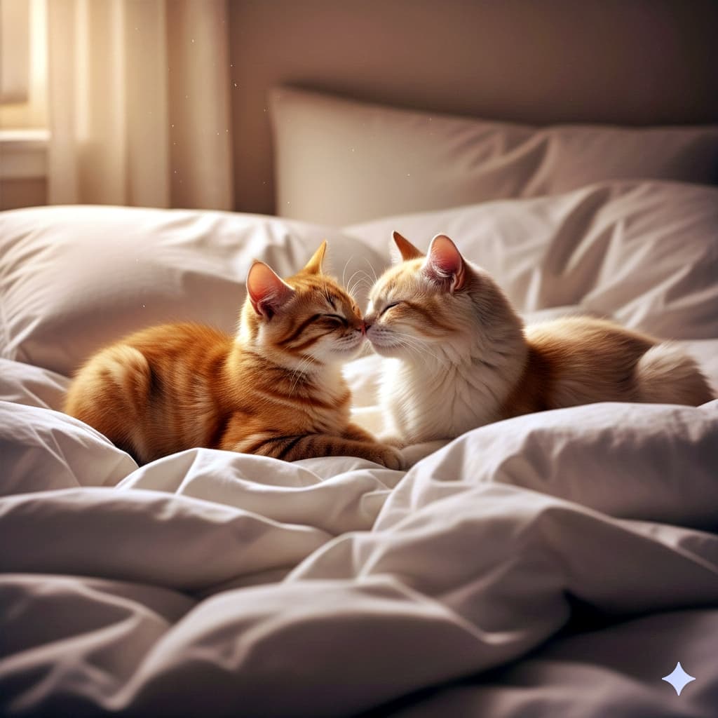 Ultra-realistic photo of two sleepy young cats nuzzling noses on soft white pillows in bed. Warm lamplight casts long, gentle shadows, creating a peaceful and intimate atmosphere. 柔らかな白い枕の上で鼻を寄せ合う、眠そうな若い猫2匹の超リアルな写真。暖かなランプの光が長く優しい影を落とし、穏やかで親密な雰囲気を醸し出している