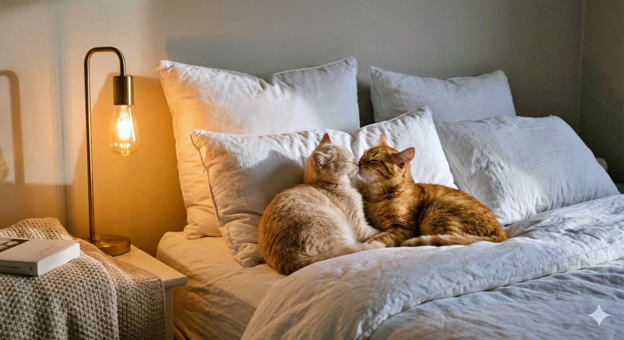 Ultra-realistic photo of two sleepy young cats nuzzling noses atop a pile of soft, white pillows on a neatly made bed. A warm bedside lamp casts long, gentle shadows, enveloping the scene in a peaceful and intimate glow. 柔らかな白い枕の上で鼻を寄せ合う、眠そうな若い2匹の猫の超リアルな一枚。ベッドサイドの暖かなランプが長く優しい影を落とし、穏やかで親密な空気に包まれている
