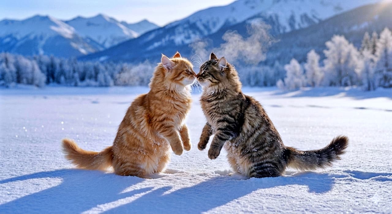 Ultra-realistic photo of two fluffy young Siberian cats—one orange, one dark tabby—standing upright and touching noses in a pristine white snowfield. Their breath is faintly visible in the cold air, while the cool-toned landscape and distant mountains frame the warm-toned cats as the emotional focal point. 純白の雪原で立ち上がり、鼻を寄せ合う2匹のふわふわした若いシベリアン猫(オレンジと黒トラ)。冷たい空気にうっすらと浮かぶ吐息、背景の山々と雪景色が寒色で描かれ、温かみのある猫たちが感情の中心として際立つ超リアルな一枚