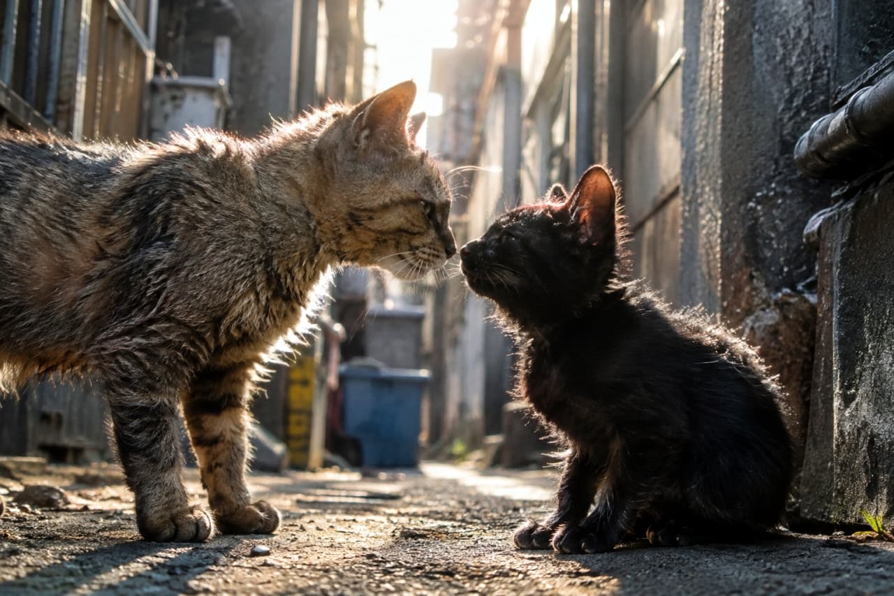「路地裏で見つけた小さな友情🐾 強い日差しの中で交わす挨拶に、都会を生きるたくましさと温もりを感じますね☀️✨」Ultra-realistic high-quality photograph of two stray cats—a tough-looking brown tabby standing and a small black cat sitting—respectfully touching noses in a gritty urban alley. Dramatic sunlight streams between buildings, creating rich high contrast and rim lighting that illuminates their detailed fur textures and amber eyes against weathered walls. ビルの谷間の路地裏で、逞しい体格のキジトラ猫(ミックス)と小さな黒猫が敬意を込めて鼻先を合わせている。頭上から差し込む強い日差しが2匹のざらりとした被毛の輪郭を黄金色に縁取り、陰影の濃いアスファルトや無骨な配管を背景に、互いを見つめる琥珀色の瞳と都会の生命力を鮮明に捉えた高解像度写真