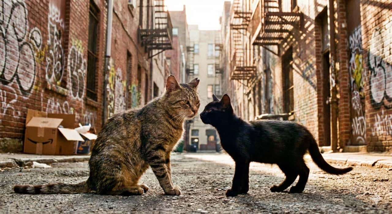 An ultra-realistic photo of two young stray cats—a tough-looking tabby and a smaller black kitten—sharing a respectful nose-to-nose moment in a gritty urban alley. Sunlight streams between graffiti-covered brick buildings, casting high contrast and emphasizing the textured ground and scattered cardboard boxes. 落書きのあるレンガの建物に囲まれた都会の路地で、鼻を寄せ合うたくましいトラ猫と小柄な黒猫の野良同士を写した超リアルな写真。建物の隙間から差し込む光が強いコントラストを生み、地面の質感や段ボールの散らばりが際立つ。互いを尊重するような静かなふれあいの瞬間