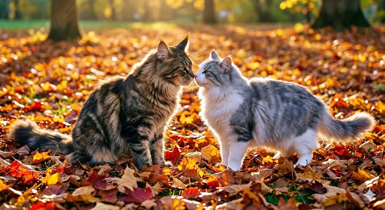 An ultra-realistic photo of two young stray cats—a long-haired brown tabby and a smaller gray-and-white kitten—sharing a respectful nose-to-nose moment on a forest floor covered in autumn leaves. Golden sunlight filters through the trees, casting warm highlights and rich textures across the scene. The soft focus and natural setting evoke a sense of quiet connection and seasonal beauty. 落ち葉に覆われた森の地面で鼻を寄せ合う、長毛の茶トラと灰白の子猫2匹を写した超リアルな写真。木々の間から差し込む黄金色の光が、温かみと質感を際立たせる。柔らかな焦点と自然の背景が、静かなふれあいと秋の情緒を感じさせる一枚