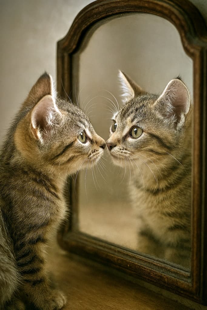 A young tabby cat with light brown and dark brown striped fur gently touches its pink nose to its own reflection in a clean, vintage mirror. The mirror’s ornate wooden frame and the cat’s perfectly mirrored face are illuminated by soft, diffused light, creating a surreal and emotionally resonant moment. 淡い茶色と濃い茶色の縞模様を持つ若いトラ猫が、清潔でヴィンテージな鏡に映る自分の顔にそっと鼻を寄せている。柔らかな拡散光が猫と鏡の装飾的な木枠を照らし、不思議で感情的な瞬間を演出している