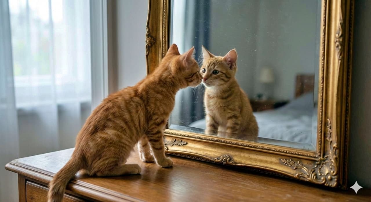 An ultra-realistic photo of a young orange tabby cat sitting on a wooden surface, gazing into a large vintage mirror with a gold frame. The cat’s nose is close to its reflection, which appears perfectly clear. Soft, diffused light fills the room, creating a serene and slightly surreal atmosphere. 木製の台の上に座り、金色のヴィンテージ鏡を見つめる茶トラの子猫を写した超リアルな写真。鼻先が鏡に近づき、くっきりとした反射が映る。部屋全体に柔らかな光が広がり、静かで少し不思議な雰囲気を醸し出している