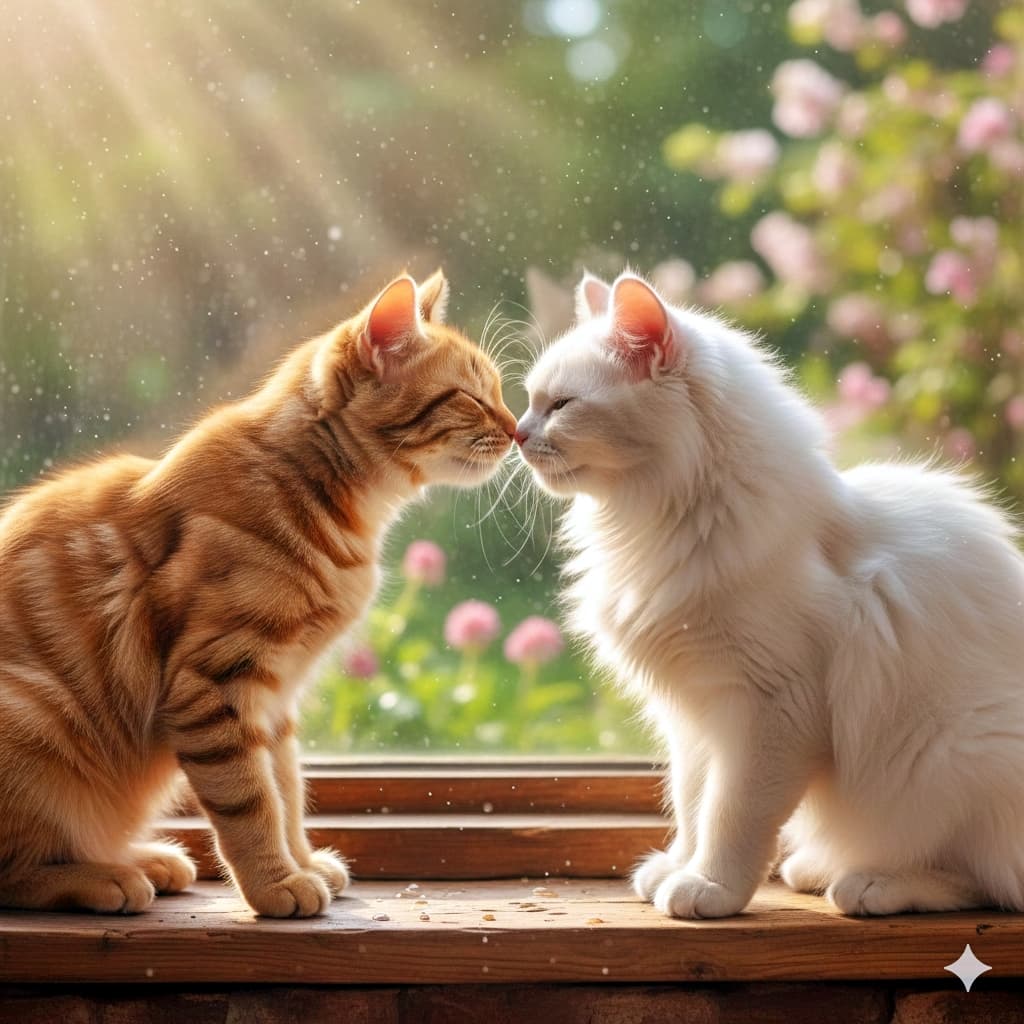 An ultra-realistic masterpiece photo of a ginger tabby and a fluffy white cat gently touching noses on a wooden windowsill. Bathed in warm morning sunlight, with dust particles dancing in the beams and a softly blurred garden in the background. 木製の窓辺で鼻をそっと寄せ合う茶トラとふわふわ白猫の超リアルな傑作写真。やわらかな朝の光に包まれ、光の粒が舞い、背景の庭はやさしくぼかされている
