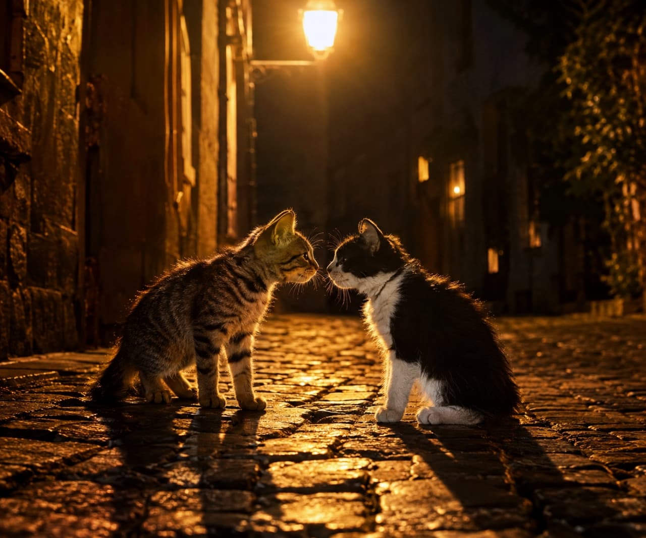「夜の石畳で見つけた秘密の待ち合わせ🐾 街灯の光に照らされたふたりの挨拶に、心がじんわり温まりますね🌙✨」Ultra-realistic high-quality photograph of two young mixed-breed cats—a brown tabby standing on the left and a tuxedo cat sitting on the right—meeting nose-to-nose under the warm golden glow of a single streetlamp on a quiet cobblestone street at night. The dramatic lighting creates long shadows and glowing rim highlights along their fur and whiskers in a cinematic atmosphere. 静かな夜の石畳の路地で、頭上の街灯が放つ温かな黄金色の光に包まれながら、四肢で立つキジトラ子猫(ミックス推測、左)とお座りをしたハチワレ黒白子猫(右)が静かに鼻先を寄せ合っている。明暗差の美しいドラマチックな照明が2匹の琥珀色の瞳や柔らかな被毛の輪郭を金に縁取り、石畳に落ちる長い影とともに映画のような静謐な出会いを捉えた高解像度写真