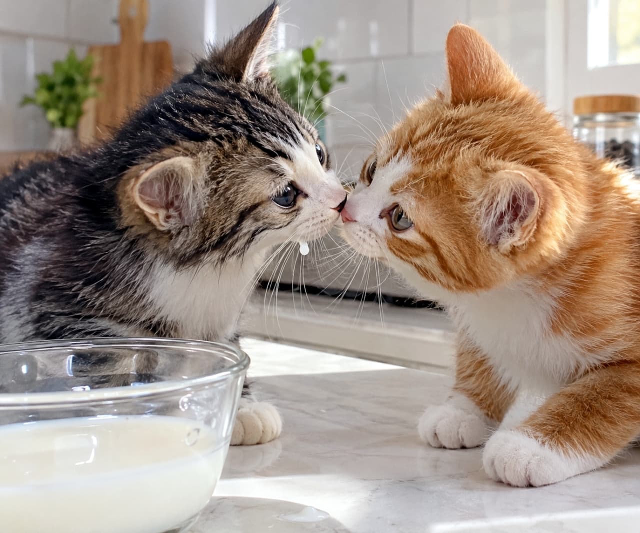 「内緒のおやつバレちゃった?🥛 ヒゲについたミルクと仲良しの鼻タッチに、思わず笑顔がこぼれますね🐾✨」Ultra-realistic high-quality photograph of two mischievous young kittens—a brown tabby and white and an orange tabby and white—sharing a gentle nose kiss on a bright kitchen counter next to a glass bowl of milk, with a tiny milk drop clinging to whiskers under soft, clear daylight. 明るく清潔なキッチンカウンターの上で、手前にあるガラスボウルのミルクを飲んだ後、ヒゲにミルクの滴をつけたキジ白(ブラウンタビー&ホワイト)子猫と茶白子猫が優しく鼻先を合わせている。澄んだ瞳や柔らかな被毛の質感が自然光に照らされ、白いタイル壁を背景に秘密を共有する瞬間を鮮明に捉えた高解像度写真