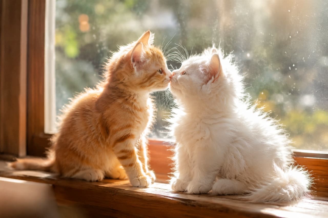 「おはようの鼻ツン挨拶🐾 朝の光とふわふわの癒やしをお届け！今日の活力にダブルタップしてね☀️✨」Ultra-realistic high-quality photograph of two adorable young kittens on a rustic wooden windowsill, gently touching noses in warm morning sunlight. A short-haired ginger tabby with subtle amber eyes leans toward a fluffy long-haired white kitten, their delicate fur glowing softly against a dreamy, shallow depth-of-field background. 薄茶色の瞳をのぞかせる短毛の茶トラ子猫と、ふんわりとした毛並みの長毛白猫が、木製の窓辺で優しく鼻先を触れ合わせている。柔らかな朝日が差し込み、逆光でキラキラと輝く細やかな毛の質感と、ボケた背景に舞う光の粒子が温もりを伝える高解像度写真