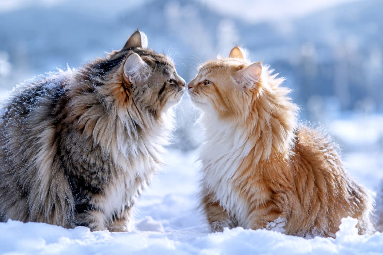 「真っ白な雪原で交わす鼻ツン挨拶🐾 寒さも吹き飛ぶ仲良しな温もりに、心がぽかぽか温まりますね❄️✨」Ultra-realistic high-quality photograph of two fluffy young Siberian cats—a brown tabby with snow dusted on its back and a ginger-and-white tabby—gently touching noses in a pristine white snowfield. The cool, crisp blue winter light creates striking rim lighting along their dense, voluminous fur, highlighting their warm amber eyes against the snowy landscape. 白銀の雪原で、背中に細かな雪をまとったキジトラのサイベリアン(左)と、豊かな毛並みを持つ茶白のサイベリアン(右)が向かい合い、穏やかに鼻先を寄せ合っている。冷たく澄んだ青みがかった冬の光の中、2匹の琥珀色の瞳と逆光に輝くボリューミーな被毛が際立ち、厳しい寒さの中に息づくぬくもりを鮮明に捉えた高解像度写真