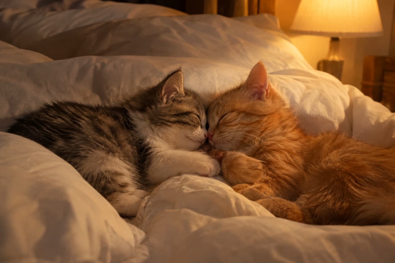 「ふかふかお布団で仲良くおやすみ🐾 暖かなランプの下で鼻を寄せ合う寝顔に、心がじんわり癒やされますね🌙✨」Ultra-realistic high-quality photograph of two sleepy young mixed-breed kittens—a silver tabby and white and a ginger tabby—peacefully nuzzling noses while sleeping on a pile of soft white pillows on a bed. A warm bedside lamp casts gentle light and long shadows, accentuating their detailed fur textures in an intimate setting. ベッドサイドランプの暖かな光が長い影を落とす寝室で、白い枕の山に埋もれたサバ白(シルバータビー&ホワイト)の子猫と茶トラの子猫(ミックス)が目を閉じ、穏やかに鼻先を寄せ合って眠っている。暖色光に照らされた細やかな被毛の質感と安らかな表情が際立ち、親密で静寂な夜の温もりを伝える高解像度写真