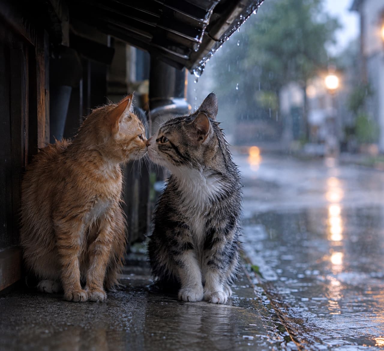 「雨宿りもふたり一緒なら心強いね☔ 軒下で交わす鼻ツン挨拶に、冷たい雨の日も心がぽかぽか温まります🐾✨」Ultra-realistic high-quality photograph of two young kittens with slightly damp fur—a ginger tabby and a brown tabby with white markings—gently touching noses while sheltering under wooden eaves during a gentle rain. The moody background reveals a blurred, wet street glowing with soft reflections from warm streetlamps. 雨滴が滴る木造家屋の軒下で雨宿りをしながら、少し毛が濡れた茶トラの子猫とキジ白の子猫が優しく鼻先を触れ合わせている。しっとりとした薄暮の光の中で、濡れた路面に街灯の温かな明かりが美しく反射し、細やかな被毛の束感と水滴の輝きが際立つ情緒的な高解像度写真