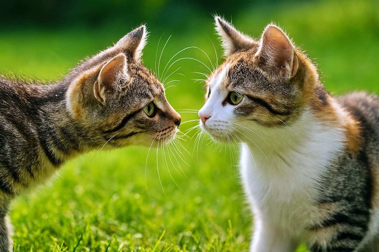 「「ねえ、遊ぼ?」鼻と鼻でナイショ話。木漏れ日の中で交わす、2匹の優しいご挨拶にキュン♡」Close-up profile shot of two young cats, a brown tabby on the left and a tabby-and-white on the right, gently touching noses in a sunny green garden. The backlighting highlights their whiskers and fur, creating a heartwarming atmosphere. 緑の庭で向き合い、鼻と鼻をくっつけて優しく挨拶をしているキジトラとキジ白の2匹の猫。逆光がヒゲや毛並みを輝かせている、心温まるクローズアップ写真