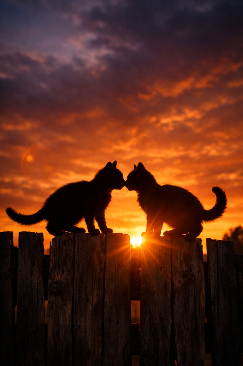 「夕焼け空の下でそっと鼻を寄せる2匹の子猫。静かな時間に流れるやさしい気配が、心までほっこり温めてくれる瞬間です🐾」Silhouettes of two young cats touching noses atop a rustic wooden fence, set against a dramatic orange and purple sunset sky with warm cinematic lighting and lens flare. 夕焼けに染まるオレンジと紫の空を背景に、古びた木のフェンスの上で鼻を寄せ合う2匹の子猫のシルエット