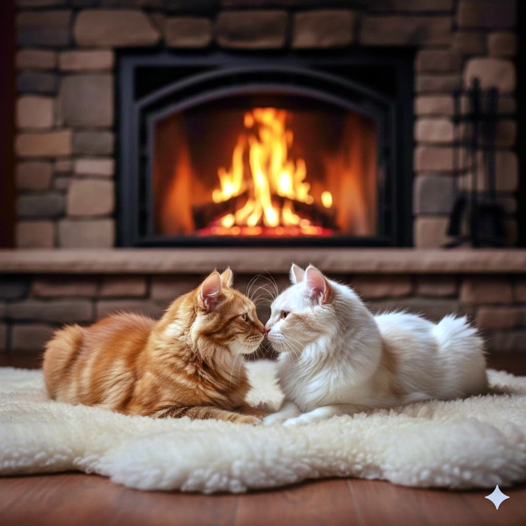 Ultra-realistic photo of two young cats—an orange tabby and a white-furred companion—lying face-to-face on a sheepskin rug before a stone fireplace. Their noses touch gently as the fire casts golden shadows across their fur, creating a tranquil, almost sacred moment of winter intimacy. オレンジタビーと白猫が、羊毛ラグの上で向かい合いながら鼻をそっと合わせる超リアルな一枚。石造りの暖炉からの炎が毛並みに金色の影を落とし、静かで神聖さすら感じる冬の親密なひとときを描いている