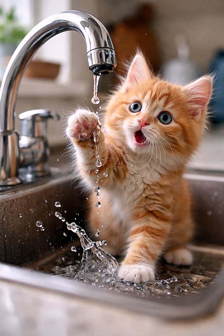 「ポタポタ水に興味津々！ちょいっと触った瞬間に大はしゃぎの水しぶき、びっくり顔がたまらない一瞬です🐾」A fluffy orange kitten pawing at a dripping faucet in a kitchen sink, looking surprised as water splashes freeze mid-air. キッチンのシンクで水滴の落ちる蛇口に前足を伸ばし、水しぶきに驚いた表情を見せるふわふわの茶トラの子猫