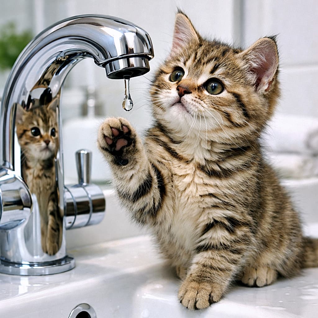 「ポタ…ポタ…次の一滴を狙って全集中！鏡みたいな蛇口にも夢中の好奇心いっぱい子猫ちゃん🐾」A curious tabby kitten sitting on the edge of a white bathroom sink, raising its paw to touch a dripping water tap, with its reflection visible in the chrome faucet. 白い洗面台の縁に座り、水滴が落ちる蛇口に前足を伸ばすキジトラの子猫。クロームの蛇口に子猫の姿が映り込んでいる様子