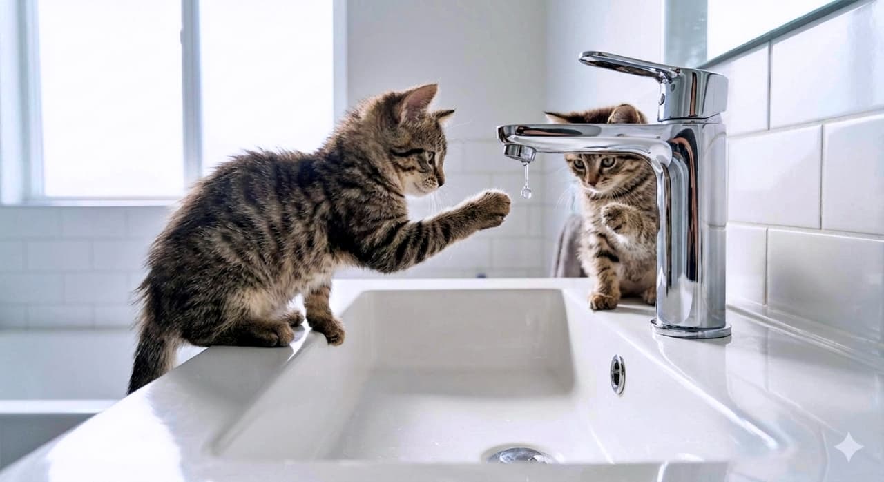 「「次の一滴、ぜったいキャッチ！」—鏡みたいな蛇口に映る、いたずら顔の予告編♡」Photorealistic image of a single tabby kitten in a pristine white bathroom, sitting on the edge of the sink with one paw raised, mesmerized by a dripping water tap. The kitten’s reflection is visible in the chrome faucet, capturing a moment of playful curiosity. 真っ白で清潔なバスルームの洗面台の縁に座るトラ猫の子猫が、水道から落ちる水滴に夢中になって前足をそっと上げる超リアルな写真。クロームの蛇口には子猫の姿が映り込み、好奇心あふれる瞬間をとらえている