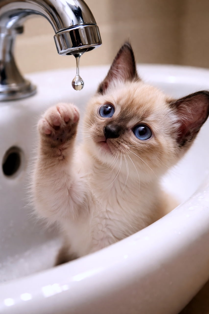 「一滴の水に全集中。洗面台は今日も子猫の実験室です」Close-up macro photograph of a Siamese kitten sitting in a white porcelain sink, gently reaching for a single water droplet falling from a chrome faucet, with the droplet reflecting the kitten’s curious blue eyes. 白い陶器の洗面台の中で、クロームの蛇口から落ちる一滴の水にそっと前足を伸ばすシャム子猫のマクロ撮影。水滴には好奇心いっぱいの青い瞳が映っている