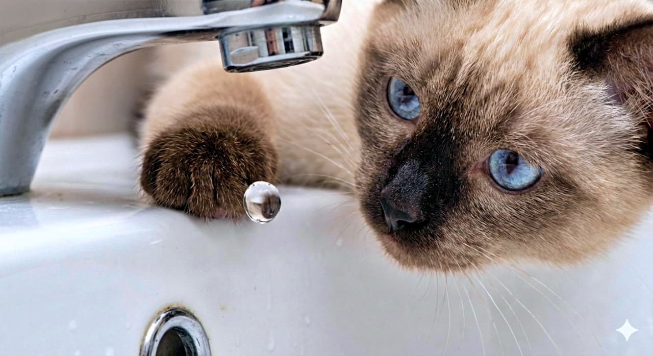 「「このキラキラ、つかまえたいニャ！」—水滴に映る好奇心、シャムちゃんの小さな冒険♡」Close-up, macro shot of a Siamese kitten in a white porcelain sink, gently patting at a single falling water droplet from a chrome faucet. The droplet is captured mid-air, reflecting the kitten’s curious blue-eyed face in crystal-clear detail. 白い陶器のシンクの中で、シャム子猫が落ちる水滴にそっと前足を伸ばすマクロの接写。空中にとらえられた水滴には、青い瞳の好奇心いっぱいの顔がくっきり映り込む、超高精細な一枚