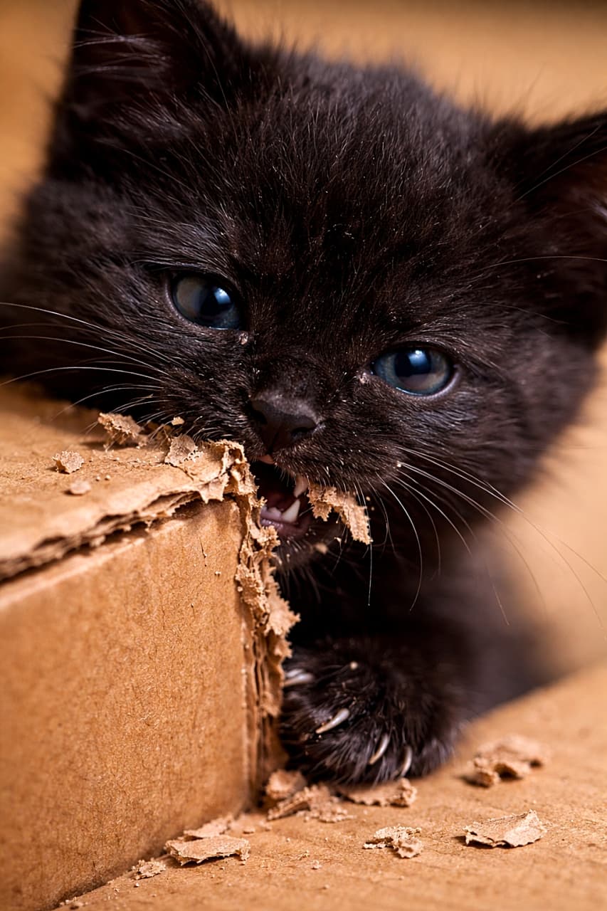 「夢中すぎて止まらない！段ボールの角をガジガジする黒猫ちゃん、その真剣な表情と小さな歯がたまらなく愛おしい瞬間です🐾」Close-up macro of a small black kitten intensely chewing the corner of a cardboard box, with tiny torn pieces scattered around its mouth and sharp focus on its teeth and the cardboard texture. 段ボールの角を夢中でかじる小さな黒い子猫のマクロ接写。口元には細かくちぎれた紙片が散らばり、歯と段ボールの質感にピントが合っている
