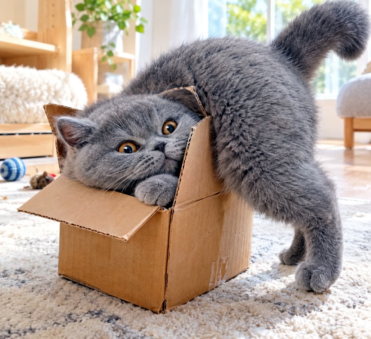 「あと少しで全部入れるニャ…！📦💨必死に踏ん張る足元と上目遣いのお顔に、全力でエールを送りたくなりますね🐾 #子猫 #猫のいる暮らし #にゃんすたぐらむ」Ultra-realistic high-quality photograph of a chubby grey British Shorthair kitten wedged in a deformed tiny cardboard box. Resting its chin on the box flap with wide, expressive copper eyes looking up, while its fluffy rear end and bushy tail are pushed high into the air under soft daylight on a plush carpet. 柔らかな自然光が差し込むリビングで、変形した小さな段ボール箱にあごを乗せて見上げるブリティッシュショートヘアの灰色子猫。コッパーの大きな瞳を輝かせ、密度の高いブルーの被毛に包まれたお尻を高く突き上げて踏ん張る。毛足の長いラグと窓辺の明るい光が、無邪気で微笑ましい挑戦を鮮明に映し出す情景