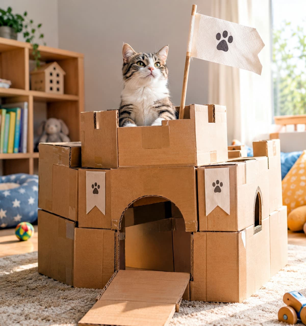 「我が城へようこそニャ！🏰🐾堂々と上を見つめる頼もしいお顔に、たくさんの元気がもらえますね👑✨#子猫 #猫のいる暮らし #にゃんすたぐらむ」Ultra-realistic high-quality photograph of a proud tabby-and-white cat sitting majestically inside a cardboard box fortress in a sunlit playroom. Gazing upward with focused amber-green eyes, surrounded by a handmade castle featuring an archway, paw-print emblems, and a waving paper napkin flag under warm natural lighting. 温かな光が差し込むプレイルームで、段ボールを重ねた要塞の頂上に凛々しく座るアメリカンショートヘア風のキジ白猫。琥珀色の澄んだ瞳で誇らしげに斜め上を見つめ、美しい縞模様と白い胸元の被毛が自然光に映える。肉球マークの旗が掲げられた手作りの城が、威厳と愛らしさを引き立てる情景