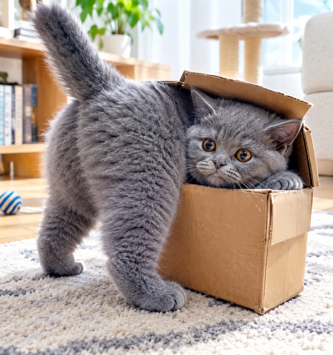 「すっぽり収まったつもりニャ！📦🐾真剣なお顔と残されたお尻のギャップに、思わず笑顔がこぼれますね✨ #子猫 #猫のいる暮らし #にゃんすたぐらむ」Ultra-realistic high-quality photograph of a chubby British Shorthair kitten desperately trying to fit into a tiny cardboard box on a patterned rug. Showing its plush grey fur, thick upright tail, and curious copper eyes peeking out from the box edge under bright, natural daylight in a cozy living room. 明るい日差しが注ぐリビングのカーペットの上で、小さすぎる段ボール箱に体をねじ込むブリティッシュショートヘアの灰色子猫。密度の高いブルーの短毛に包まれたお尻と太い尻尾を外に突き出し、箱の隙間から琥珀色の丸い瞳でこちらを見つめる。背景の木製ラックと柔らかな自然光がコミカルな日常を温かく照らす情景