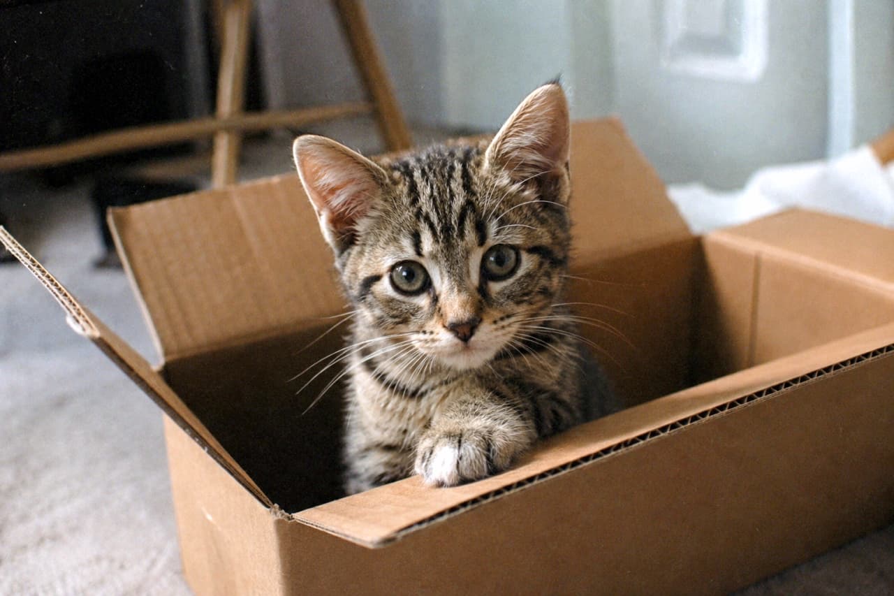 「発送準備完了〜！？📦✨ 箱の中からじーっと見つめてくる瞳が、もう反則級の可愛さ。このままおうちに連れて帰りたくなっちゃうね🐾」A close-up, eye-level shot of a young tabby kitten peeking out from inside a plain brown cardboard box. The kitten is looking directly into the camera lens with large, curious, and expressive eyes. One of its paws is resting on the top edge of the box, showing detail in its fur and tiny claws. The lighting is soft and natural, emphasizing the intricate tabby patterns and delicate whiskers, with a shallow depth of field that blurs the indoor background. 茶色の段ボール箱の中から顔を出し、真っ直ぐこちらを見つめるキジトラの子猫のクローズアップ。好奇心に満ちた大きな瞳が印象的で、箱の縁には小さな前足をちょこんと乗せています。柔らかな自然光が子猫の繊細な毛並みやヒゲを際立たせており、室内を背景にした奥行きのある構図が、子猫の愛くるしい表情をより引き立てている一枚です