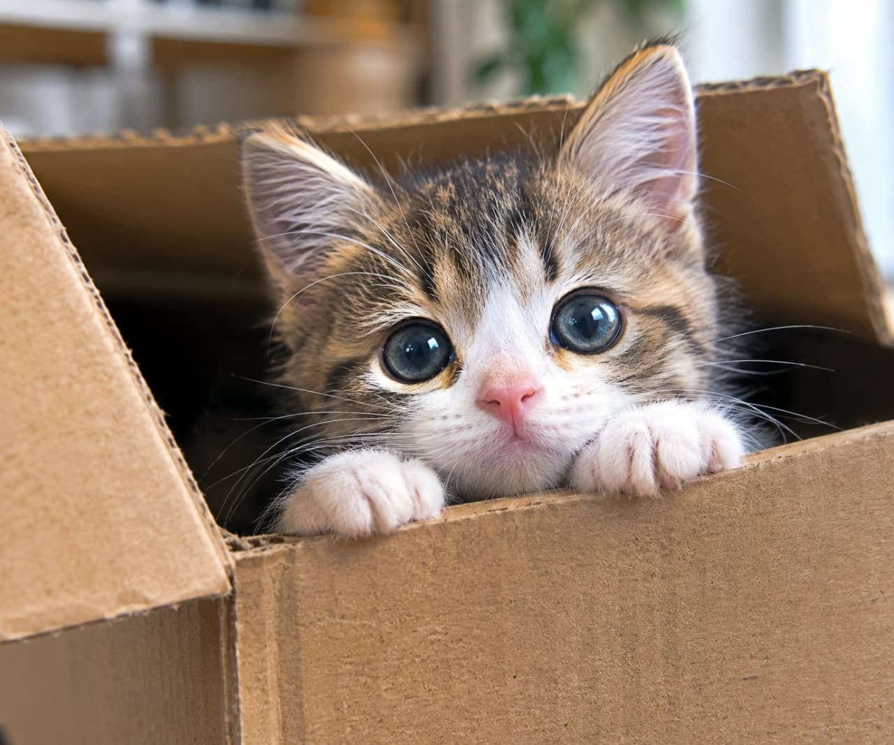 「🐾「ねえねえ、いっしょに遊ぶにゃ？」📦✨ 段ボールのフチにかかった小さなおててと、真っ直ぐな瞳にキュンとしたら「❤️」を押してね👇💕 #キジ白 #子猫 #猫のいる暮らし #にゃんすたぐらむ」Ultra-realistic high-quality photograph of a cute tabby-and-white kitten peeking its head and tiny white paws out of a corrugated cardboard box. The kitten features a distinct M-shaped forehead marking, a tiny pink nose, and large, expressive blue-grey eyes looking directly at the viewer. The warm, softly blurred indoor background with hints of greenery creates a cozy, inviting atmosphere. 柔らかな自然光が差し込む明るい室内で、茶色の段ボール箱の中からひょっこりと顔と前足を出すキジ白（ブラウンタビー＆ホワイト）の子猫の高画質写真。額の美しいM字模様と真っ白な口元のコントラストが際立ち、吸い込まれるような大きく丸いブルーグレーの瞳でこちらを真っ直ぐに見つめています。箱のフチに添えられた小さな白いふわふわのおててと、ピンク色のお鼻が極上の愛らしさを演出し、背景のふんわりとした観葉植物のボケ味が温かい日常の情景を引き立てています
