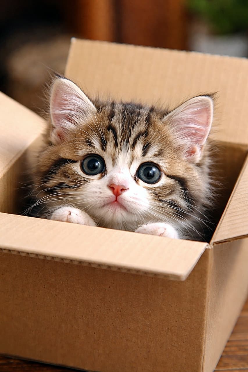「箱から覗く可愛い子猫〜段ボール箱からひょこっと顔出し！好奇心いっぱいの瞳がたまらない、思わず見守りたくなる子猫のワンシーンです🐾」A fluffy tabby kitten peeking out of a small cardboard box, looking directly at the camera with wide, curious eyes in a softly lit indoor setting. 小さな段ボール箱から顔をのぞかせるふわふわのキジトラの子猫。好奇心いっぱいの大きな瞳でこちらを見つめている室内シーン