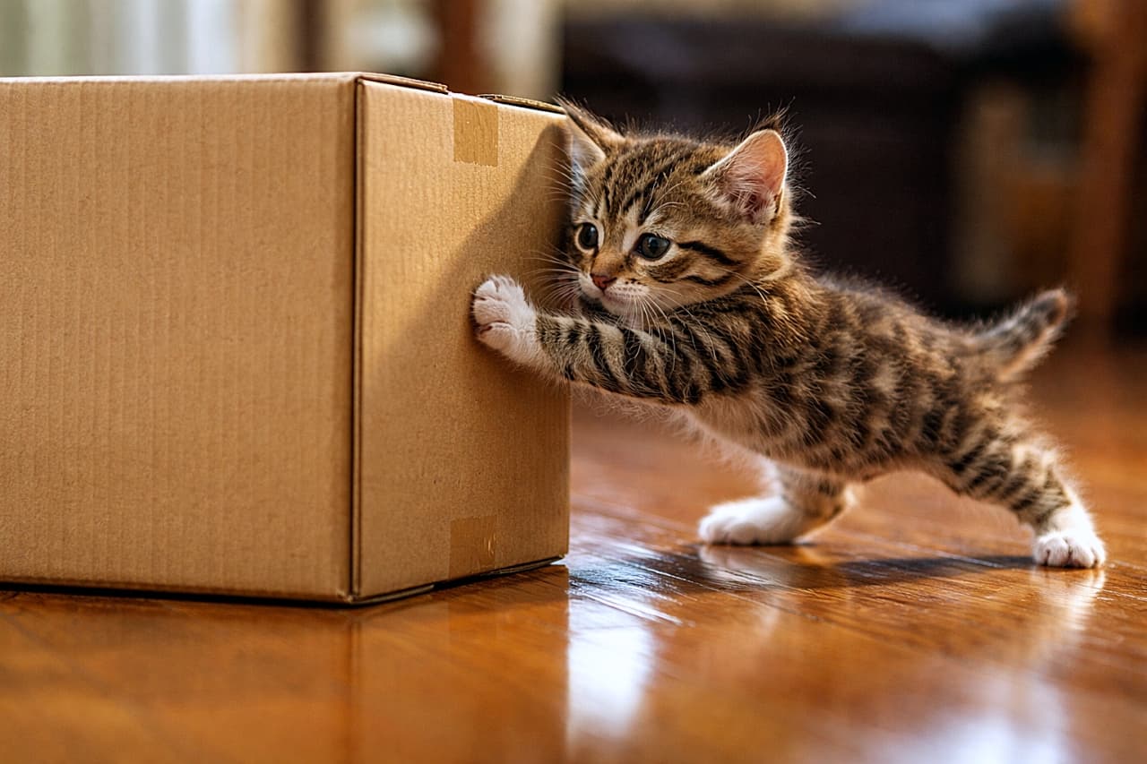 「小さな体で一生懸命ボックスを押す子猫の姿に思わず応援したくなる一枚。真剣な表情と健気な力強さが魅力です」A photorealistic image of a determined tabby kitten pushing a cardboard box across a polished wooden floor, with its body stretched forward and paws pressed firmly against the box, showing effort and focus, with a subtle reflection visible on the floor. タビー柄の子猫が、磨かれた木製の床の上で段ボール箱を前足で押し出そうと力を込めている様子。体を前に伸ばし、集中した表情とともに床にはうっすらと反射が見えるフォトリアルな描写