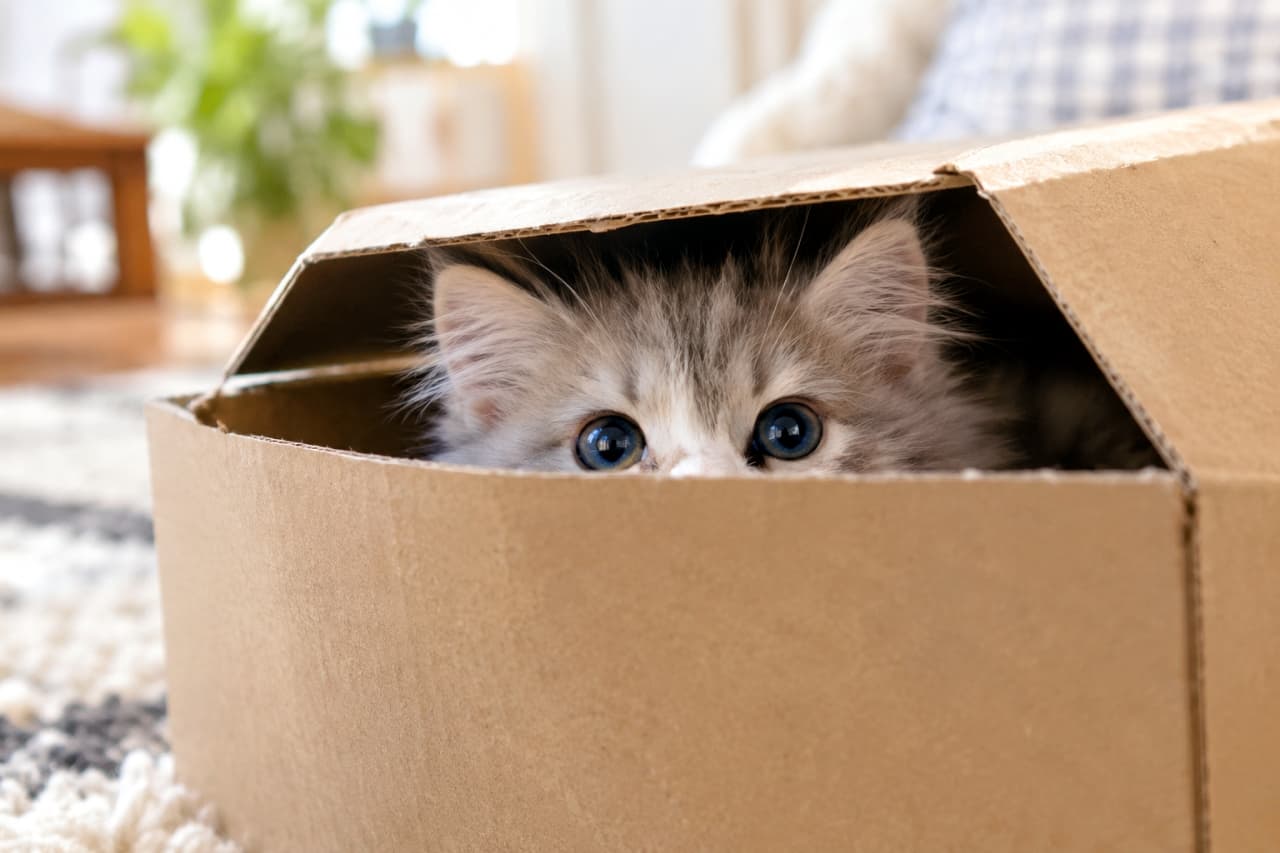 「箱の隙間からじーっと観察中ニャ👀📦ひょっこり覗く青い瞳とふわふわなお耳に、温かい癒やしをもらえますね🐾✨ #子猫 #猫のいる暮らし #にゃんすたぐらむ」Ultra-realistic high-quality photograph of a fluffy silver tabby long-haired kitten peeking out from the narrow flap of a cardboard box in a cozy, sunlit room. Only its soft pointed ears and deep blue curious eyes are visible over the cardboard edge, bathed in warm, soft-focus natural light. 明るいリビングで、段ボール箱のフタの隙間から顔の上半分を覗かせるサイベリアン風の長毛シルバータビー子猫。ふんわりとした灰色の被毛に包まれ、澄んだ深いブルーの瞳と耳をこちらに向けて静かに見つめる。背景の柔らかなボケと温かな自然光が、愛らしい好奇心を優しく包み込む穏やかな情景