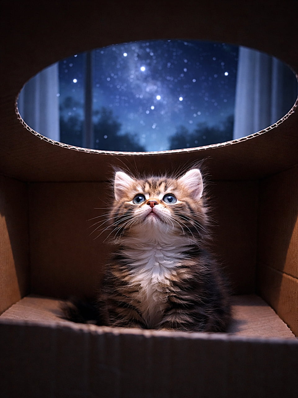 「箱の中から見上げた先には満天の星空。小さな好奇心が広がる、静かでちょっと特別な夜のワンシーン🐾」A fluffy kitten sitting inside a cardboard box looks up through a circular hole in the top at a starry night sky visible through a window, creating a magical and contemplative atmosphere. 段ボール箱の中に座るふわふわの子猫が、上部の丸い穴越しに窓の外に広がる星空を見上げている、幻想的で静かな雰囲気のシーン