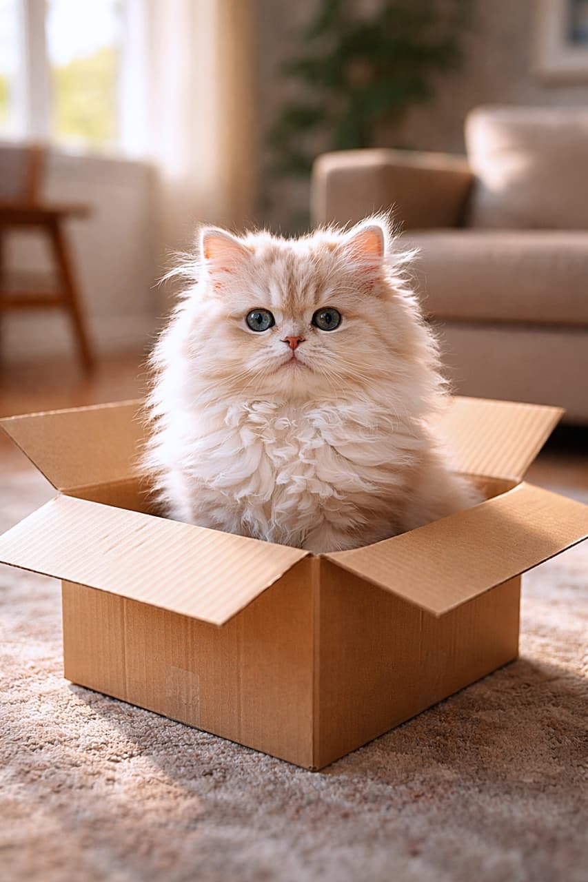 「段ボール箱がまるで王座みたい！ふわふわペルシャ子猫が堂々と鎮座して、キラキラの瞳でこちらを見つめる愛らしいワンシーン🐾」A fluffy Persian kitten sitting proudly inside a cardboard box in a sunlit living room, looking directly at the camera with a regal expression, with soft background bokeh. 日差しの差し込むリビングで段ボール箱の中に座り、誇らしげで気品ある表情でカメラを見つめるふわふわのペルシャ子猫。背景はやわらかなボケ